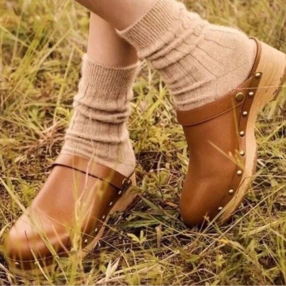 J. Crew Brown Tan Leather Studded Wooden Clogs
